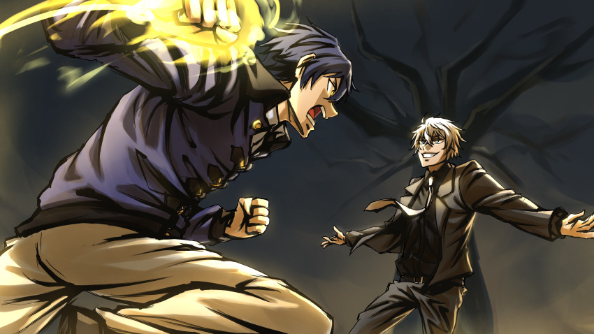 absurdres black_suit blue_hair business_suit dark_background date_a_live formal_clothes glowing_fist highres itsuka_shidou necktie non-web_source outstretched_arms raised_fist sir_isaac_ray_peram_westcott spread_arms suit sumollama1 white_hair white_necktie yellow_eyes