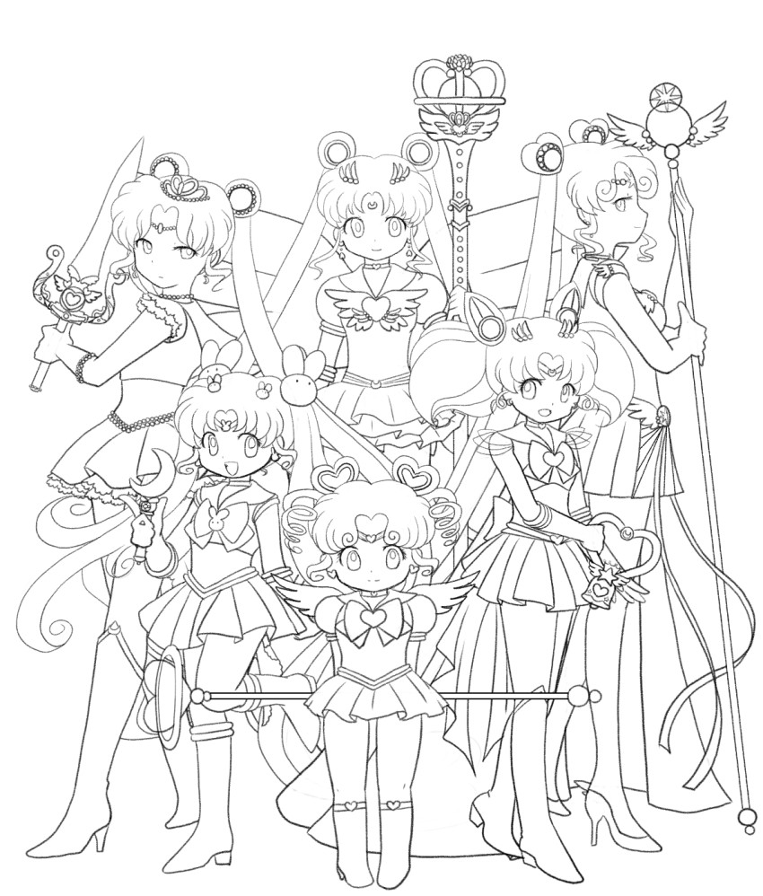 1990s_(style) 6+girls angel_wings bishoujo_senshi_sailor_moon bishoujo_senshi_sailor_moon_(first_season) bishoujo_senshi_sailor_moon_sailor_stars bishoujo_senshi_sailor_moon_stars bishoujo_senshi_sailor_moon_supers boots bow brooch chibi_chibi chibi_usa choker cone_hair_bun crescent crescent_facial_mark double_bun drill_hair elbow_gloves eternal_sailor_moon eternal_tiare facial_mark forehead_mark gloves greyscale hair_bun hair_ornament hairpin heart heart_brooch heart_hair_bun highres holding holding_sword holding_weapon jewelry knee_boots lineart long_hair magical_girl monochrome multiple_girls multiple_persona pleated_skirt pointing pretty_guardian_sailor_moon princess_sailor_moon rabbit_hair_ornament retro_artstyle ribbon sailor_chibi_chibi sailor_chibi_moon sailor_collar sailor_cosmos sailor_moon sailor_senshi serious short_hair sidelocks simple_background skirt suzuna_mine sword tiara tsukino_kousagi tsukino_usagi twintails weapon white_background wings