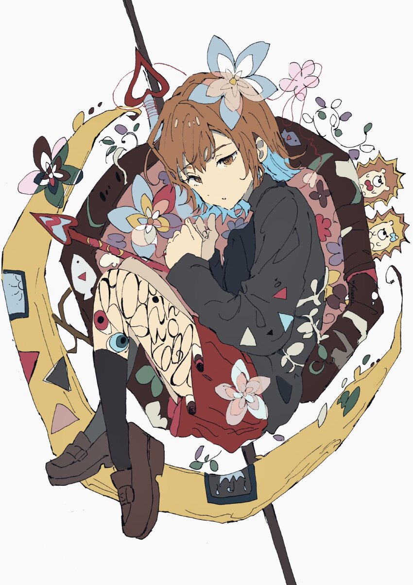1girl black_socks black_sweater blue_bow blue_hair bow bowtie brown_eyes brown_hair brown_shoes byoushin_wo_kamu_(zutomayo) colored_inner_hair crescent_moon fingernails flower heart hedgehog highres ikurasujico long_sleeves mimikayushi_(zutomayo) miniskirt moon multicolored_hair nira-chan nira-chan_(byoushin_wo_kamu)_(zutomayo) pink_flower red_bow red_bowtie red_skirt shoes short_hair skirt socks sweater turtleneck turtleneck_sweater uniguri_(zutomayo) white_background zutto_mayonaka_de_ii_no_ni