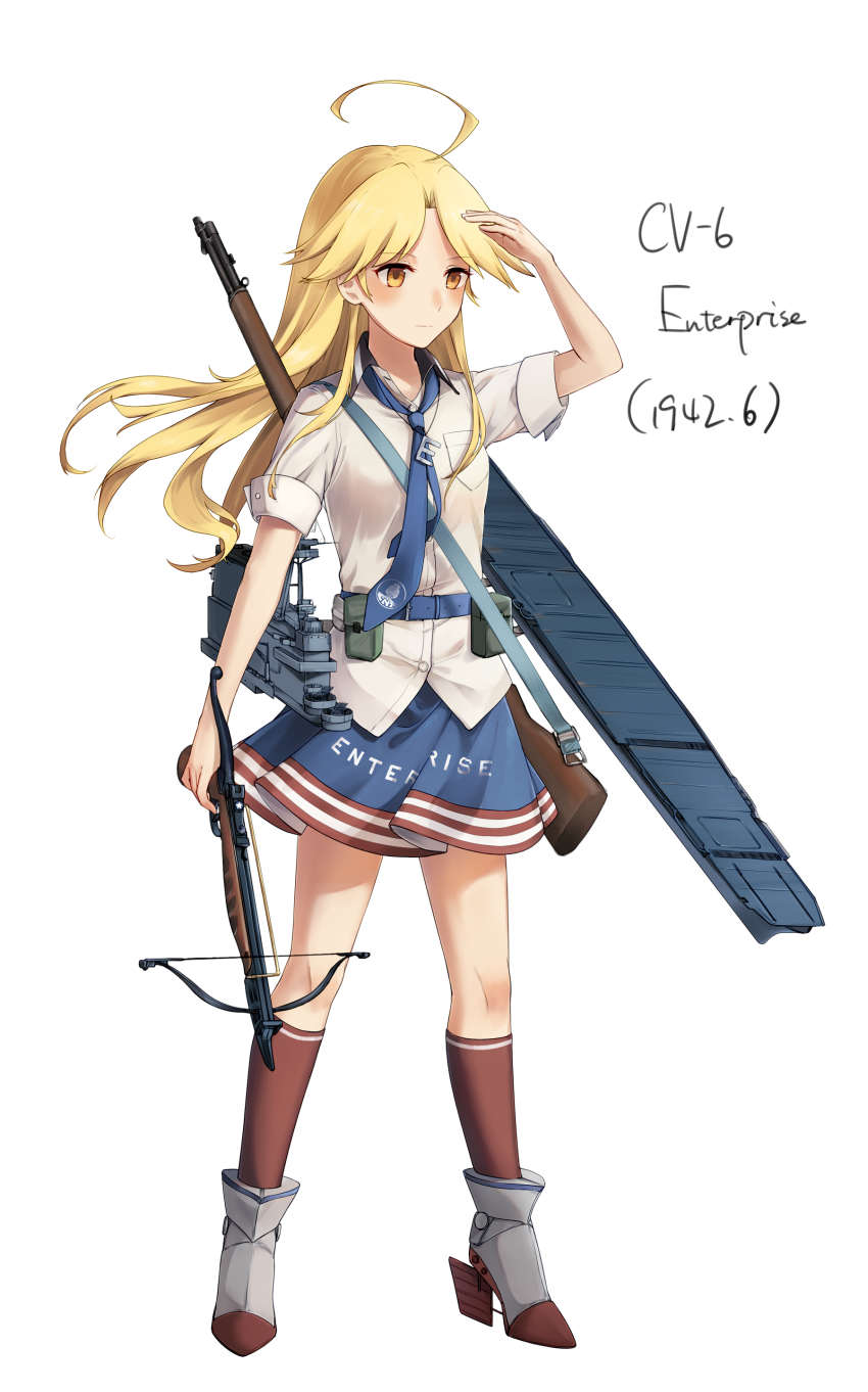 1girl absurdres ahoge belt blonde_hair blue_belt blue_necktie blue_skirt bow_(weapon) breast_pocket collared_shirt crossbow female_focus flat_chest flight_deck full_body gun high_heels highres holding holding_crossbow holding_weapon kneehighs long_hair mecha_musume necktie original personification pocket red_socks rifle rudder_footwear shirt short_sleeves simple_background skirt socks solo standing uss_enterprise_(cv-6) weapon white_background white_shirt yellow_eyes yorktown_cv-5