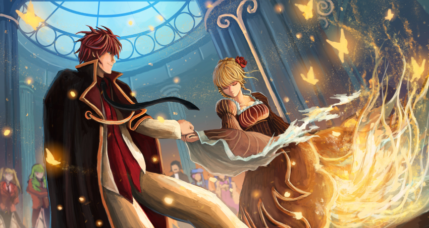 2boys 5girls absurdres asmodeus_(umineko) beatrice_(umineko) black_hair blonde_hair blue_hair bug butterfly cape dlanor_a._knox dress closed_eyes flower furudo_erika green_hair hair_bun hair_flower hair_ornament highres insect leviathan_(umineko) multiple_boys multiple_girls necktie purple_hair red_eyes red_hair ronove_(umineko) rose single_hair_bun smile stakes_of_purgatory twintails umineko_no_naku_koro_ni ushiromiya_battler wide_sleeves zen_(weishanzhe)