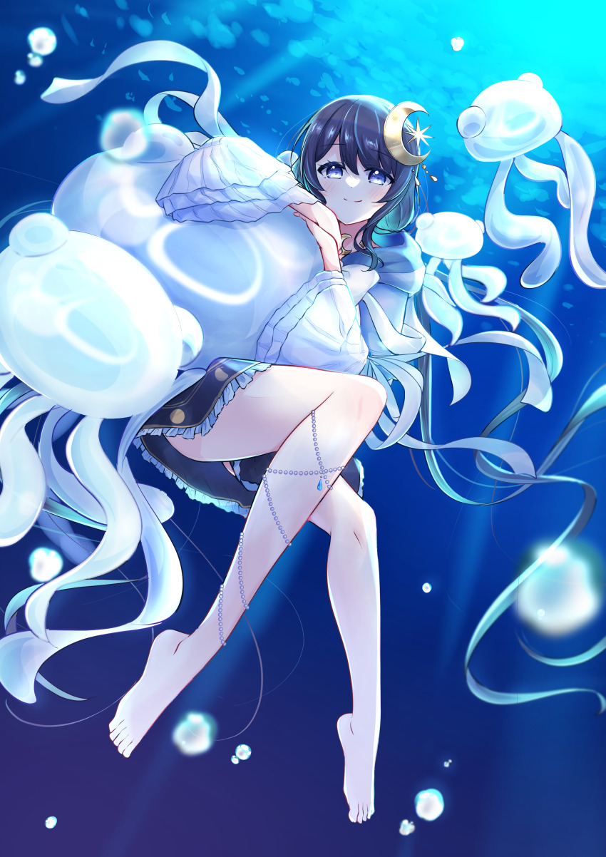 1girl absurdres barefoot black_hair black_skirt blue_eyes blush closed_mouth commentary crescent crescent_hair_ornament feet frilled_skirt frills full_body hair_ornament highres hood hooded_jacket jacket jellyfish kiryu_(sora_no_iroto) long_hair million_production miniskirt sidelocks skirt smile solo underwater virtual_youtuber white_jacket yuragi_yura