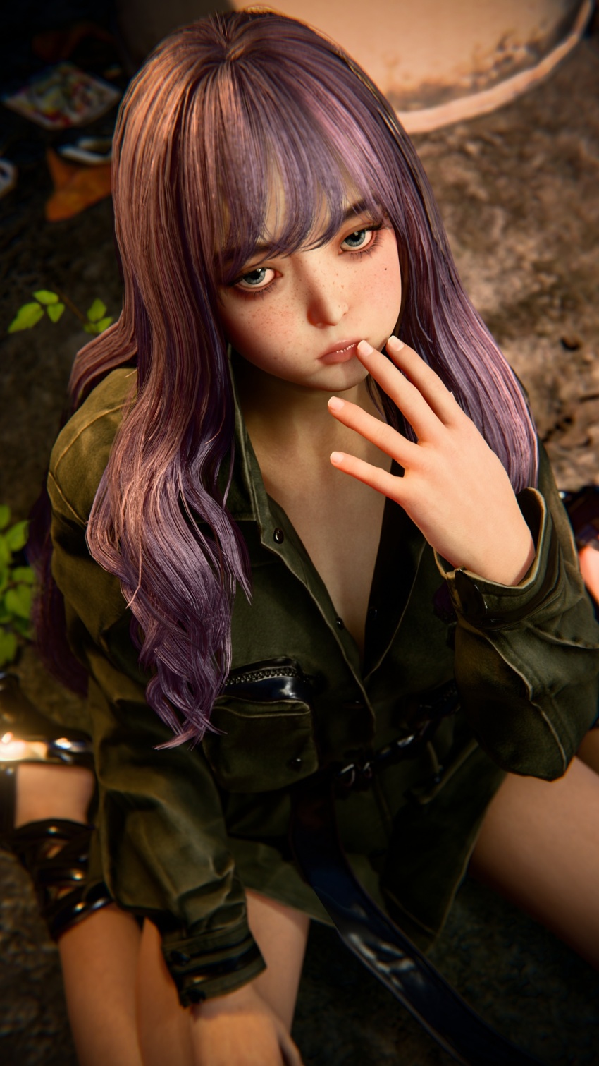 1girl 3d black_shoes closed_mouth female_focus freckles green_eyes highres kaya_(stellar_blade) long_hair looking_at_viewer non-web_source purple_hair shoes sitting solo spread_legs tagme