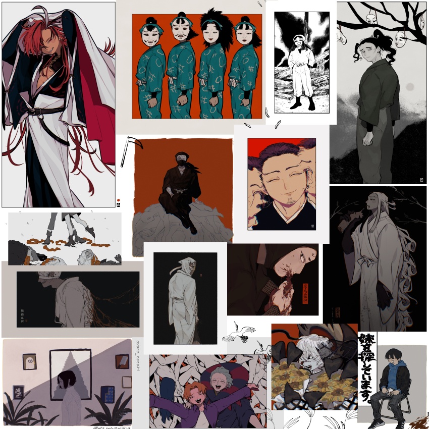 4girls 6+boys absurdres alternate_costume arms_up ashiya_douman_(fate) bad_id bad_twitter_id bandaged_head bandages bare_tree black_kimono black_sclera blood blood_on_face blue_hoodie chair character_request check_character check_copyright claude_von_riegan collage colored_sclera colored_skin copyright_request dancing dimitri_alexandre_blaiddyd eating edelgard_von_hresvelg facing_viewer fate/grand_order fate/zero fate_(series) fire_emblem fire_emblem:_three_houses flower folding_chair gakkou_de_atta_kowai_hanashi gilles_de_rais_(caster)_(fate) gilles_de_rais_(fate) guro hacchi_(napoli_no_otokotachi) hair_over_one_eye hand_up highres holding_limb hood hood_down hoodie inactive_account jacket jacket_over_head jacket_over_hoodie japanese_clothes kimono long_bangs long_hair long_sleeves looking_at_viewer mask mogero_(gerogero_ieki) multiple_boys multiple_girls multiple_views napoli_no_otokotachi ninja nintendo noh_mask on_chair one_eye_covered orange_hair outstretched_arms pile_of_corpses ponytail purple_jacket rakudai_ninja_rantarou raw_meat red_hair right-over-left_kimono severed_arm severed_head severed_limb short_sleeves shu3_(napoli_no_otokotachi) sitting sitting_on_person spread_arms sunflower takasugi_shinsaku_(fate) tree uryuu_ryuunosuke van_gogh_(fate) van_gogh_(third_ascension)_(fate) very_long_hair white_eyes white_hair white_kimono white_skin