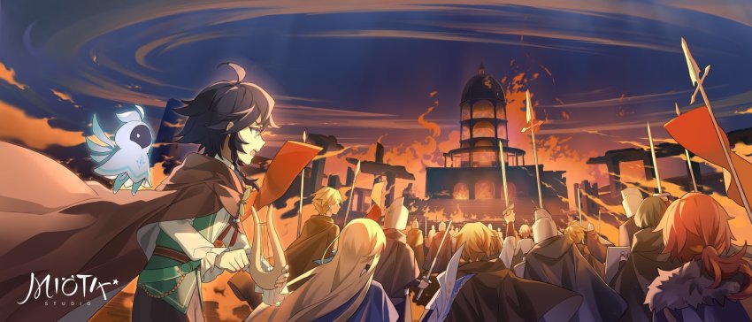 1other 6+boys 6+girls ahoge arm_up back barbatos_(genshin_impact) belt black_belt black_hair blonde_hair blue_cloak blue_coat blue_sky braid brown_cape brown_cloak brown_hair brown_shorts cape chinese_commentary cloak cloud cloudy_sky coat commentary_request darkcatowo faceless fire flag flying fur-trimmed_hood fur_trim genshin_impact gradient_sky green_vest grey_eyes grey_shirt hair_between_eyes hand_up helmet highres holding holding_instrument holding_shield holding_weapon hood hooded_coat instrument long_hair long_sleeves looking_to_the_side lyre multiple_boys multiple_girls night night_sky no_eyes no_headwear no_mouth open_mouth ponytail puffy_long_sleeves puffy_sleeves purple_sky red_hair shield shirt short_hair shorts sky standing sword teeth tongue twin_braids v-shaped_eyebrows venti_(genshin_impact) vest weapon white_shirt