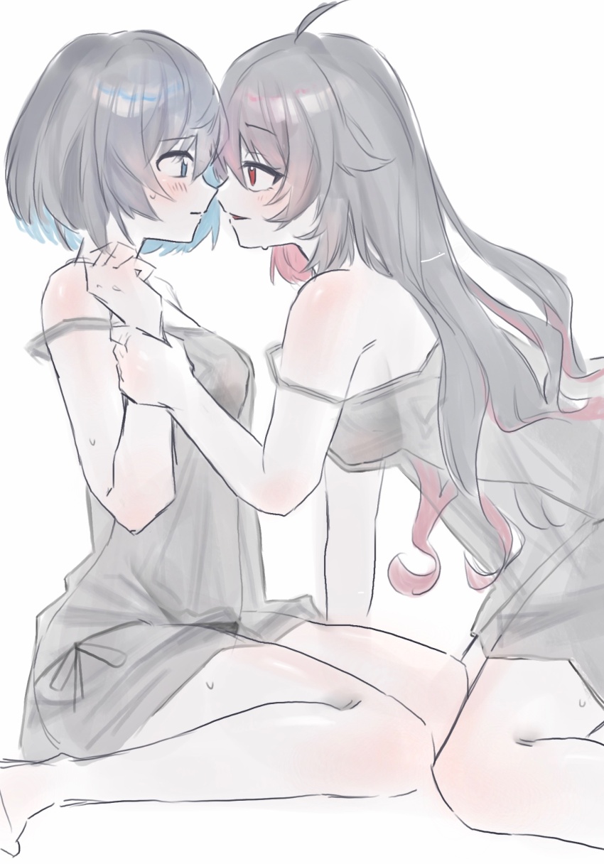 2girls bare_shoulders black_chemise black_hair blue_eyes blue_hair blush chemise commentary_request duoyun_de_tiankong face-to-face from_side highres holding_another&#039;s_wrist honkai_(series) honkai_impact_3rd kneeling long_hair multicolored_hair multiple_girls open_mouth red_eyes red_hair seele_(alter_ego) seele_vollerei seele_vollerei_(starchasm_nyx) short_hair sitting sleepwear strap_slip two-tone_hair very_long_hair yuri