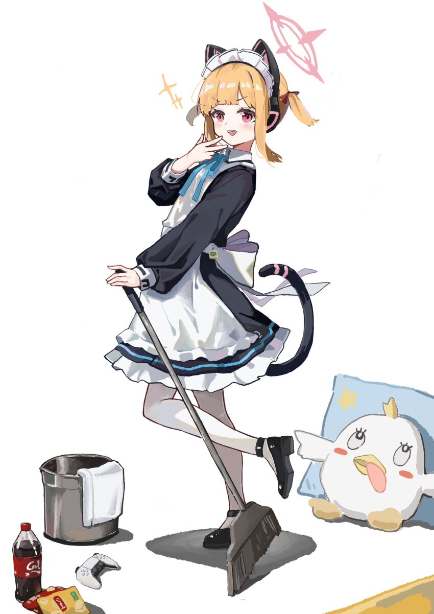+++ 1girl animal_ear_headphones animal_ears apron black_dress black_headphones blonde_hair blue_archive blue_ribbon bow broom cat_tail chips_(food) cola commentary dress dress_bow dualsense fake_animal_ears food from_side halo headphones highres holding holding_broom leg_up light_blush long_sleeves maid maid_apron maid_headdress momoi_(blue_archive) momoi_(maid)_(blue_archive) neck_ribbon official_alternate_costume open_mouth pink_eyes pink_halo playstation_controller ribbon short_hair sidelocks simple_background smile solo standing standing_on_one_leg stuffed_animal stuffed_toy tail teeth upper_teeth_only w white_apron white_background white_bow zarsy
