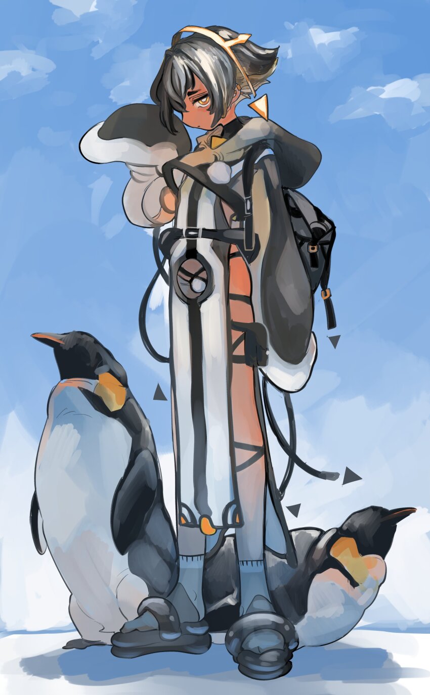 1boy absurdres animal bird black_hair black_jacket blue_sky bright_pupils bulge closed_mouth commentary cropped_jacket crotch_cutout full_body hand_up highres hood hood_down jacket looking_at_viewer male_focus orange_eyes original outdoors pelvic_curtain pelvic_curtain_cutout penguin penguin_boy pouch sandals shima_(wansyon144) short_hair sky snow solo standing symbol-only_commentary thigh_pouch thigh_strap trap very_short_hair