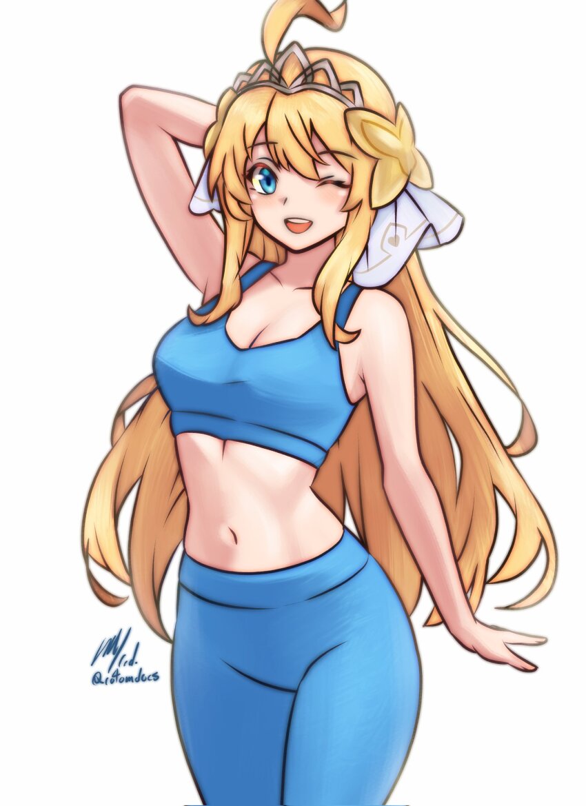 1girl ;d ahoge arm_up bare_shoulders blonde_hair blue_eyes blue_pants breasts cleavage commentary cowboy_shot dragalia_lost english_commentary hair_ornament hair_ribbon highres looking_at_viewer midriff navel one_eye_closed open_mouth pants ribbon rotomdocs signature smile solo sports_bra sportswear teeth tiara twitter_username upper_teeth_only white_background white_ribbon zethia