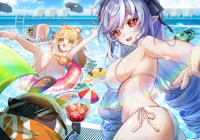 2girls absurdres afloat amillion_(zenless_zone_zero) animal_ears ass bangboo_(zenless_zone_zero) barefoot beach_chair bikini blonde_hair breasts commentary_request cup drill_hair eous_(zenless_zone_zero) feet green_eyes highres holding holding_cup ju_fufu korean_commentary leegh19769 long_hair medium_breasts multiple_girls open_mouth pointy_ears pool pool_ladder purple_hair red_eyes red_innertube sharkboo_(zenless_zone_zero) sideboob soles sunglasses swimsuit tail teeth tiger_ears tiger_girl tiger_stripes tiger_tail toes upper_teeth_only very_long_hair vivian_banshee white_bikini yellow_bikini zenless_zone_zero
