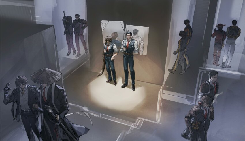 2boys absurdres arm_up arms_behind_back arthropod_limbs belt black_coat black_gloves black_hair black_vest brown_hair coat collared_shirt covered_face dress_shoes firefist_office_(identity)_(project_moon) full_body gloves gregor_(project_moon) hair_slicked_back hand_on_own_hip hand_on_own_shoulder hand_on_sheath hat haze highres id_card jacket kkolo432271 kurokumo_clan_(identity)_(project_moon) lcb_uniform_(project_moon) limbus_company liu_association_south_uniform low_ponytail male_focus meursault_(project_moon) middle_(identity)_(project_moon) mirror multiple_boys multiple_views necktie open_clothes open_jacket pointing ponytail project_moon prosthesis prosthetic_arm r_corp._(identity)_(project_moon) red_necktie shirt spotlight stairs straw_hat stretching twinhook_pirates_(identity)_(project_moon) vest walking white_shirt