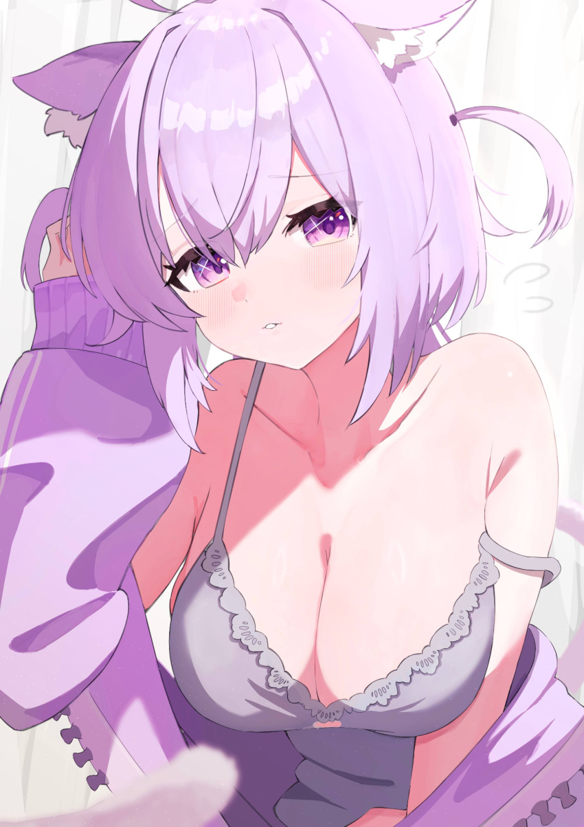 1girl ahoge animal_ears bare_shoulders blush breasts camisole cat_ears cat_girl cat_tail cleavage collarbone commentary flying_sweatdrops grey_camisole hair_between_eyes highres hololive hood hoodie horns large_breasts looking_at_viewer medium_hair nekomata_okayu parted_lips pink_hoodie purple_eyes purple_hair purple_horns purple_tail solo strap_slip tail two_side_up virtual_youtuber yofo
