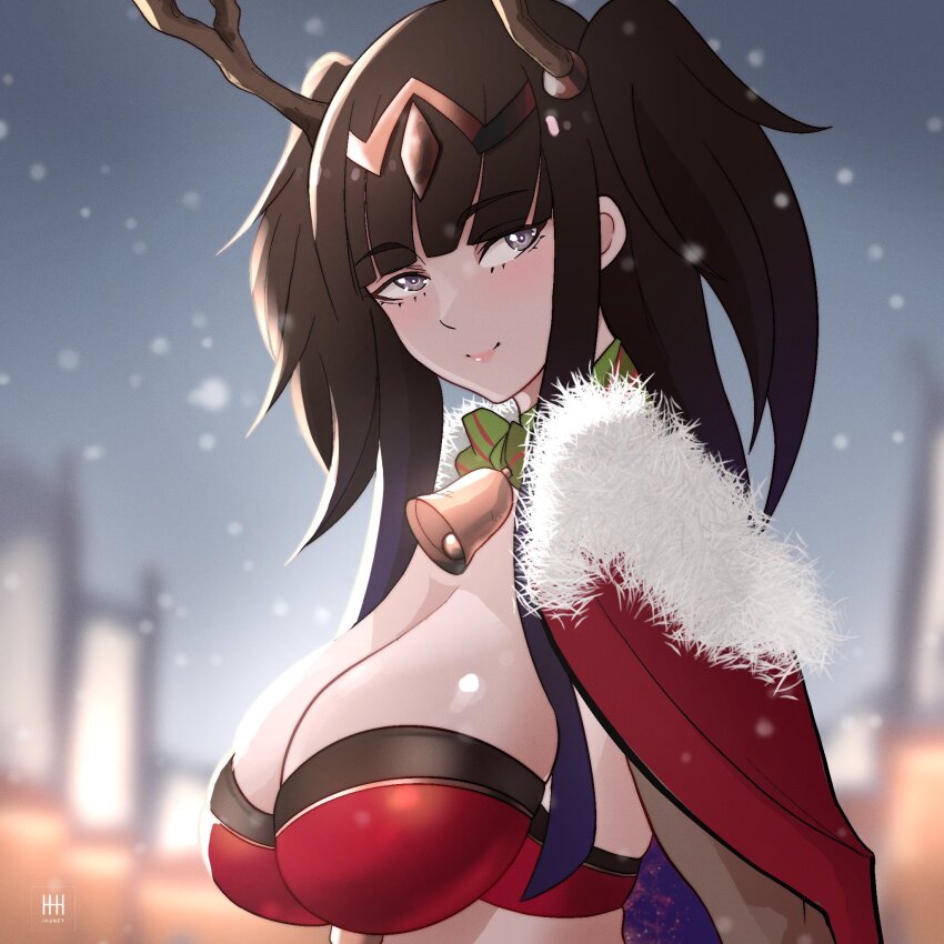 1girl animal_ears antlers artist_name bell bikini black_hair blunt_bangs breasts cape christmas cleavage closed_mouth commentary english_commentary fake_animal_ears fire_emblem fire_emblem_awakening fire_emblem_heroes from_side fur-trimmed_cape fur_trim grey_eyes hair_ornament highres horns ihsnet jingle_bell large_breasts merry_christmas nintendo official_alternate_costume red_cape reindeer_antlers santa_bikini santa_costume skindentation smile snowing solo swimsuit tharja_(&quot;normal_girl&quot;)_(fire_emblem) tharja_(fire_emblem) twintails upper_body