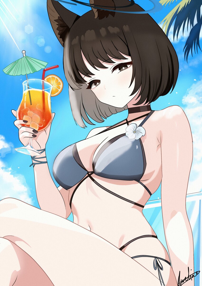 1girl absurdres animal_ears artist_name aurelia88 bikini black_bikini black_eyes black_hair black_nails blue_archive blue_bikini blue_halo blue_sky breasts cat_ears cat_girl cloud cocktail cocktail_glass cocktail_umbrella commentary crossed_legs cup drinking_glass drinking_straw english_commentary flower flower_ornament food from_below fruit halo highres holding holding_cup ice ice_cube kikyou_(blue_archive) kikyou_(swimsuit)_(blue_archive) layered_bikini lens_flare looking_at_viewer medium_breasts navel official_alternate_costume orange_(fruit) orange_slice outdoors short_hair signature sitting sky solo stomach summer sun swimsuit