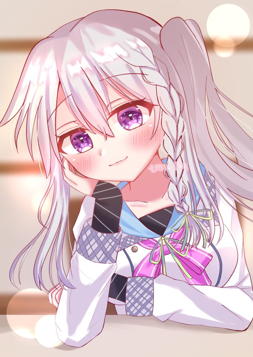 1girl 9-nine- arm_support artist_name artistic_error blurry blurry_background blush bow bowtie braid breasts closed_mouth commentary_request dress elbow_on_table green_ribbon hair_between_eyes hair_ribbon hand_on_own_cheek hand_on_own_face hand_up highres indoors lens_flare long_hair long_sleeves looking_at_viewer medium_breasts niimi_sora no_ahoge pink_bow pink_bowtie purple_eyes ribbon school_uniform side_ponytail sidelocks single_braid sleeves_past_wrists smile solo tmw15q upper_body white_dress
