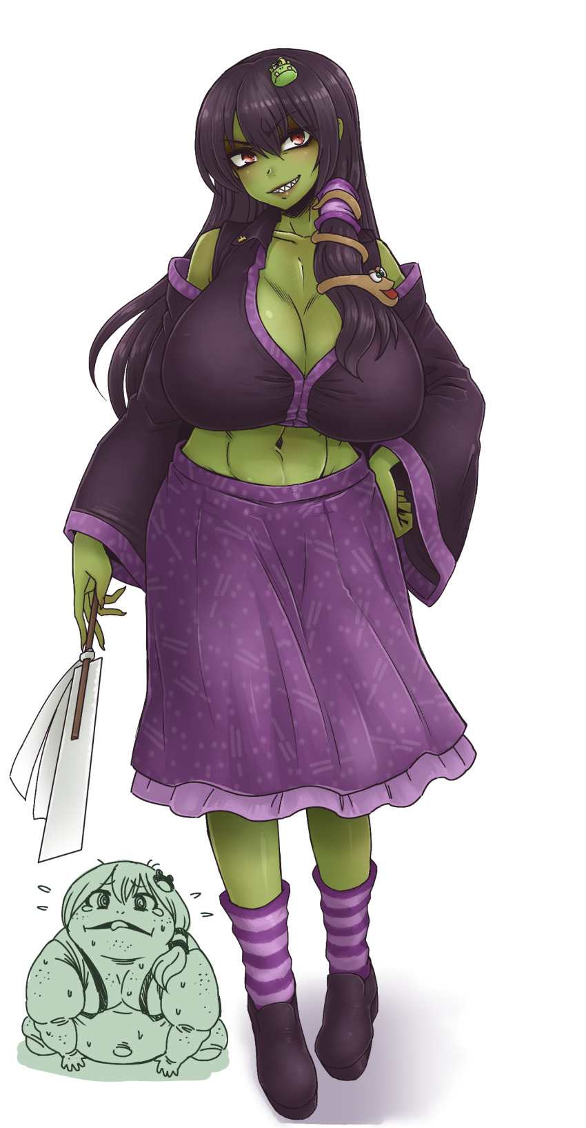 2girls @_@ absurdres banjo-kazooie bare_shoulders black_footwear black_hair breasts cleavage colored_skin commentary_request contrapposto cosplay detached_sleeves flying_sweatdrops frog full_body gohei green_skin grin gruntilda_winkybunion hair_between_eyes hair_tubes hand_on_own_hip highres holding holding_stick klungo_(banjo-kazooie) kochiya_sanae kochiya_sanae_(cosplay) large_breasts light_blush long_hair long_sleeves looking_at_viewer multiple_girls navel petticoat purple_skirt red_eyes sharp_teeth sidelocks simple_background skirt smile socks solo_focus standing stick striped_clothes striped_legwear striped_socks teeth tobatoinu touhou transformation white_background wide_sleeves