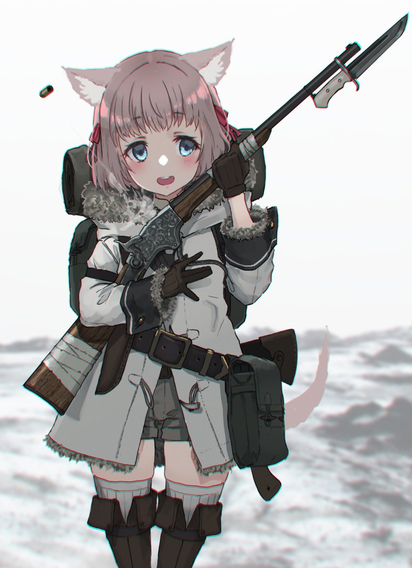 1girl absurdres animal_ears antique_firearm axe backpack bag bayonet belt blue_eyes blurry blurry_background boots cat_ears chromatic_aberration commentary firearm fur_trim gloves gun hatchet hatchet_(axe) highres holding holding_gun holding_weapon jacket oota_youjo original peabody_action pouch rifle shell_casing short_hair short_shorts shorts snow solo steam thigh_boots thighhighs weapon zettai_ryouiki