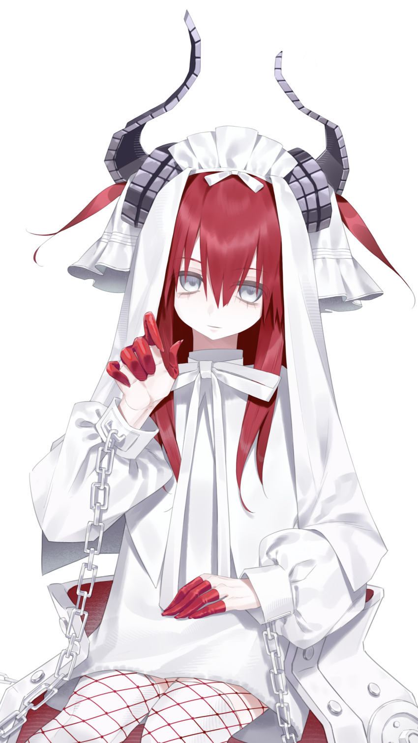 1girl absurdres asymmetrical_horns bound bound_wrists chain colored_extremities cuffs dragon_girl dragon_horns dress elizabeth_bathory_(avenger)_(fate) fate/grand_order fate_(series) fishnets grey_eyes handcuffs highres horns kandaowoqingrangwoxuexi115 lolita_fashion long_hair looking_at_viewer red_hair simple_background sitting solo thighhighs two_side_up veil white_background white_dress white_headdress white_thighhighs white_veil