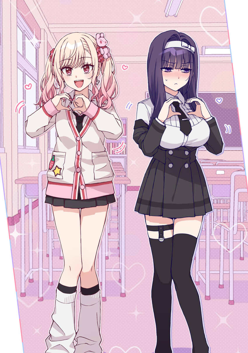 2girls :&lt; :d black_hair black_necktie black_skirt black_thighhighs blonde_hair blush breasts classroom collared_shirt commentary_request gradient_hair hair_intakes hair_ornament hair_scrunchie hairband heart heart_hands highres large_breasts long_hair loose_socks majigawa multicolored_hair multiple_girls necktie open_mouth original ougami_shiki pink_hair pink_nails purple_eyes rabbit_hair_ornament red_eyes red_scrunchie sakura_menon school_uniform scrunchie shirt skirt smile socks somechime_(sometime1209) sparkling_eyes sweatdrop thighhighs twintails white_hairband white_socks