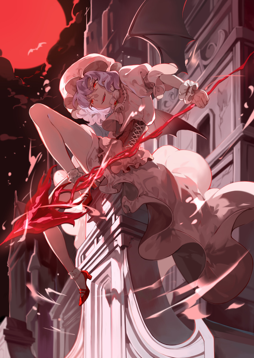 1girl absurdres ankle_socks ascot bat_(animal) bat_wings black_corset blue_hair brooch cloud cloudy_sky commentary corset dress eyelashes frilled_dress frilled_sleeves frills full_body full_moon gem glowing glowing_eyes hat highres holding holding_polearm holding_weapon jewelry mary_janes mob_cap moon night open_mouth pink_dress pink_hat polearm puffy_short_sleeves puffy_sleeves purple_hair red_eyes red_gemstone red_moon red_shoes remilia_scarlet rilituer scarlet_devil_mansion sharp_teeth shoes short_hair short_sleeves sitting sky socks solo spear spear_the_gungnir teeth thighs touhou upper_teeth_only wavy_hair weapon white_ascot white_socks wings wrist_cuffs