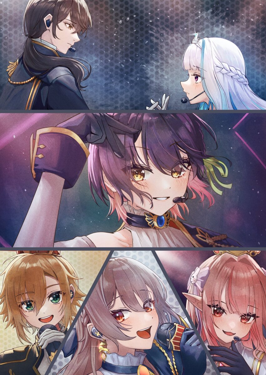 2boys 4girls aiguillette animal_earrings arm_up blonde_hair blue_gemstone blue_gloves blue_hair blue_jacket blush bow braid brown_eyes brown_hair collarbone colored_inner_hair commentary_request doidamon earrings epaulettes eye_contact furen_e_lustario gem gloves gold_earrings gold_trim green_eyes green_ribbon grin hair_bow hair_intakes hair_ornament hair_over_shoulder hair_ribbon half_up_braid hand_up headset highres holding holding_microphone inward_v jacket jewelry kagami_hayato lips lize_helesta long_bangs long_hair looking_at_another looking_at_viewer low_ponytail makaino_ririmu microphone multicolored_hair multiple_boys multiple_girls nijisanji nijisanji_idol_uniform open_mouth orange_eyes orange_gemstone parted_lips pink_hair pointy_ears ponytail purple_bow purple_eyes purple_hair rabbit_hair_ornament raised_eyebrows red_eyes ribbon shirt short_hair silver_tiara smile streaked_hair two-tone_hair uzuki_kou v virtual_youtuber white_gloves white_hair white_shirt yamagami_karuta yellow_eyes