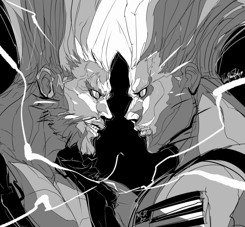 2boys american_flag american_flag_tattoo bare_shoulders beard black_background closed_mouth commentary crossover electricity english_commentary eye_contact facial_hair flattop greyscale guile highres looking_at_another male_focus monochrome multiple_boys muscular muscular_male paul_phoenix shoulder_tattoo signature simple_background smile street_fighter tall_hair tank_top tattoo teeth tekken thick_eyebrows torn_clothes torn_sleeves upper_body wolfmarker