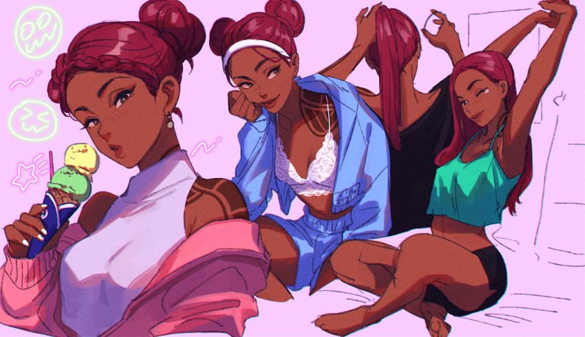 1girl 2gou alternate_costume alternate_hairstyle apex_legends arm_tattoo barefoot black_shirt black_shorts blue_jacket blue_shorts bra breasts bright_pupils casual cleavage clenched_hand double_bun food hair_behind_ear hair_bun halterneck halterneck highres holding holding_food ice_cream jacket lace lace_bra lifeline_(apex_legends) long_hair looking_at_viewer looking_down looking_to_the_side multiple_views own_hands_together parted_lips ponytail purple_background purple_eyes red_hair shirt shorts small_breasts smile soles stretching tattoo underwear white_bra white_pupils
