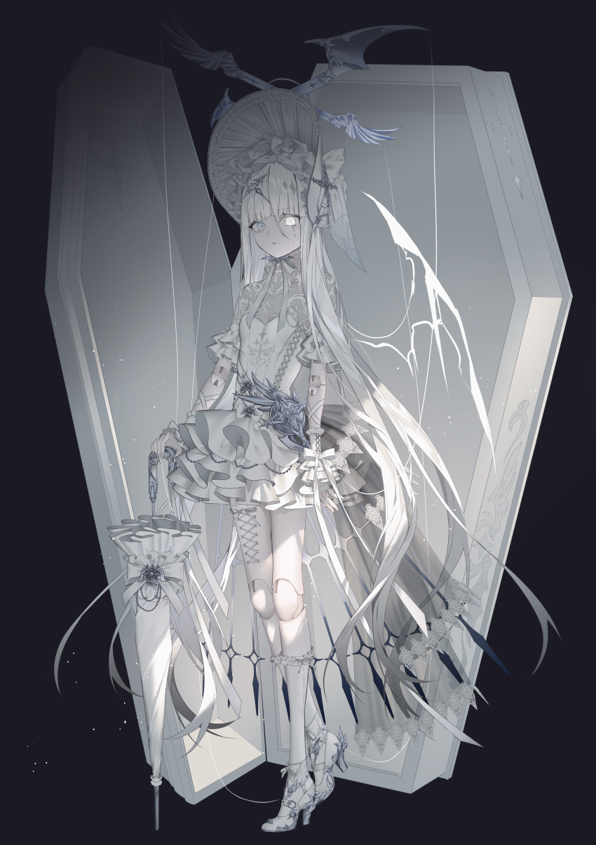 1girl absurdres black_background blunt_bangs bonnet breasts closed_mouth closed_umbrella coffin colored_skin commentary cracked_skin demon_wings doll doll_joints dress full_body glowing glowing_eye high_heels highres holding holding_umbrella joints kotarou_(kot_mochi) layered_dress long_hair looking_at_viewer neck_ribbon original ribbon shoes small_breasts solo standing umbrella very_long_hair white_dress white_eyes white_hair white_shoes white_skin white_umbrella wings