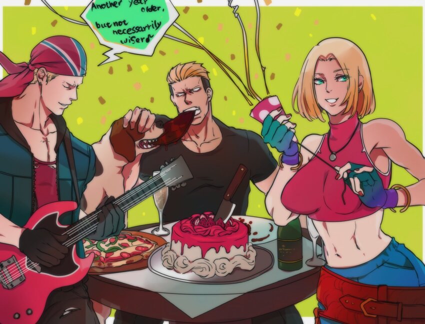 1girl 2boys alcohol billy_kane birthday birthday_cake blonde_hair blue_male_swimwear bottle breasts cake closed_eyes denim dog english_text fatal_fury fingerless_gloves food gloves green_eyes grin guitar instrument jacket jeans knife large_breasts male_swimwear midriff mouth_hold multiple_boys music navel open_clothes open_jacket pants pizza playing_instrument short_hair singing smile snk steak the_king_of_fighters the_king_of_fighters_xv toned wine wine_bottle yamazaki_ryuuji