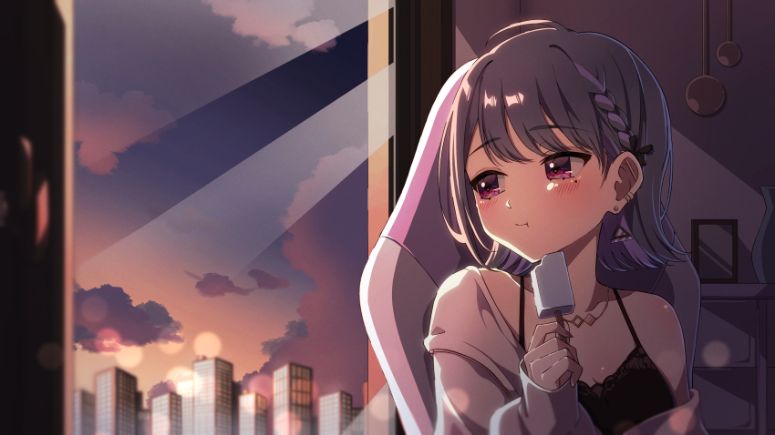 1girl absurdres akashi_(4kc_27) barbell_piercing black_camisole blue_hair braid camisole chair city diamond-shaped_pupils diamond_(shape) ear_piercing eating food french_braid gaming_chair hair_ornament highres holding holding_food holding_popsicle jacket jewelry koshimizu_toru koshimizu_toru_(2nd_costume) lens_flare long_sleeves looking_outside looking_to_the_side mole mole_under_eye necklace nijisanji piercing popsicle purple_eyes short_hair single_bare_shoulder sitting skyline sleeves_past_wrists solo swept_bangs swivel_chair symbol-shaped_pupils triangle_hair_ornament virtual_youtuber white_jacket window