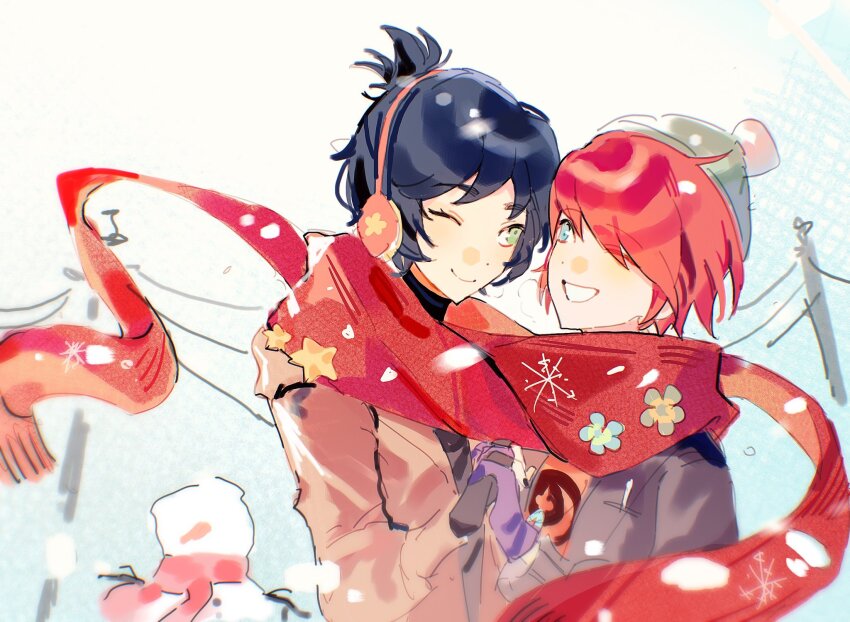 2boys aeridpm asymmetrical_bangs black_hair black_jacket blue_eyes brown_coat coat earmuffs fingerless_gloves floral_print gloves green_eyes highres holding_hands jacket light_blush looking_at_another marc_anciel miraculous_ladybug multiple_boys nathaniel_kurtzberg one_eye_closed purple_gloves red_hair red_scarf red_shirt scarf shared_clothes shared_scarf shirt smile snowflakes snowing snowman star_(symbol)