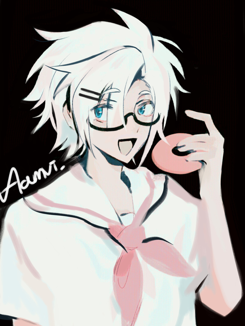 1boy absurdres alternate_costume amesia33575 black-framed_eyewear black_background blue_eyes chinese_commentary commentary_request donut food glasses hair_ornament hairclip highres holding holding_food kanou_aogu male_focus neckerchief open_mouth red_neckerchief saibou_shinkyoku sailor_collar sailor_shirt semi-rimless_eyewear shirt short_hair short_sleeves signature simple_background smile solo upper_body white_hair white_shirt