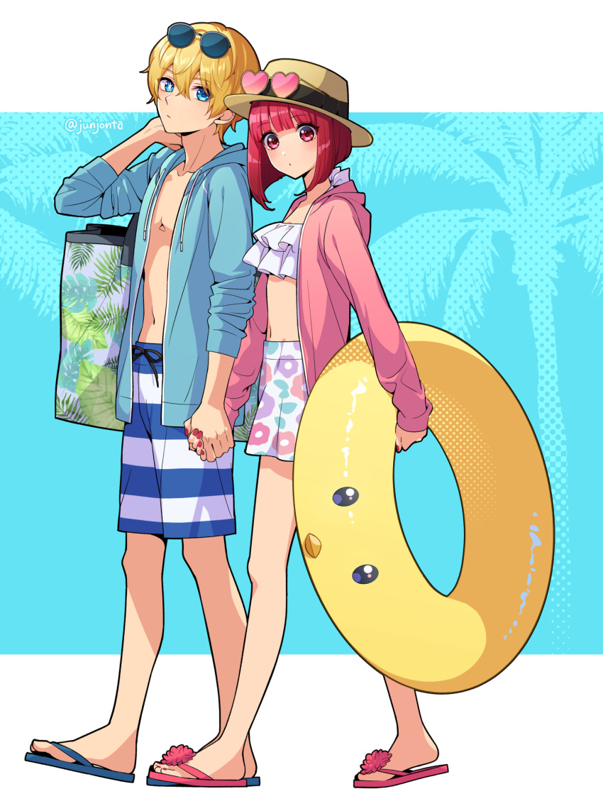 1boy 1girl arima_kana bag bikini blonde_hair blue_eyes blue_hoodie blush bob_cut commentary_request eyewear_on_head hat heart heart-shaped_eyewear highres holding holding_hands holding_swim_ring hood hooded_jacket hoodie hoshino_aquamarine innertube inverted_bob jacket junjonta long_sleeves looking_at_viewer male_swimwear navel open_clothes open_shirt oshi_no_ko pink_hood red_eyes red_hair sandals short_hair star-shaped_pupils star_(symbol) stomach striped_male_swimwear sunglasses swim_ring swim_trunks swimsuit symbol-shaped_pupils