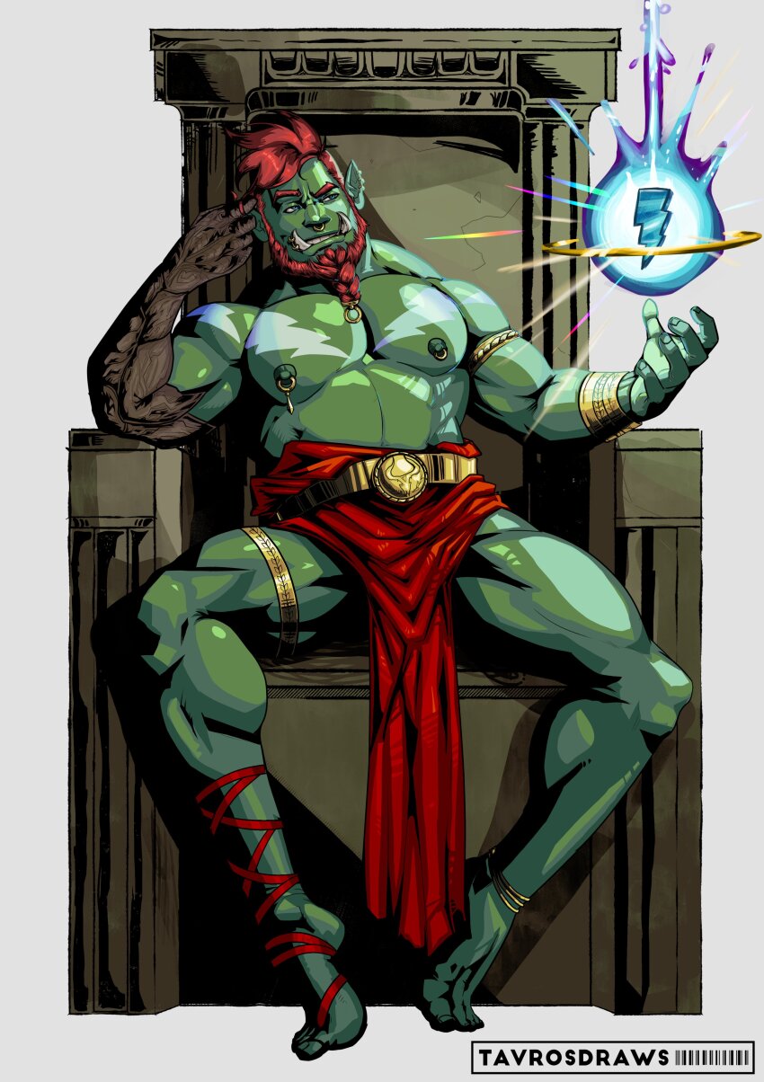1boy absurdres ancient_greek_clothes anklet asymmetrical_footwear beard biceps braid braided_beard brown_hair clothes_down colored_skin elbow_rest electricity electrokinesis face_piercing facial_hair florakinesis full_beard full_body gold gradient_skin greco-roman_clothes green_skin hades_(series) hairy highres jewelry king large_pectorals leglet lightning_bolt_symbol long_beard looking_to_the_side male_focus mature_male monster_boy muscular muscular_male nipple_piercing nipple_rings nipples nose_piercing nose_ring orc original pectorals piercing pointy_ears short_hair sitting_on_throne spread_legs strongman_waist tavrosdraws thick_beard thick_eyebrows thighs topless_male tusks undercut white_background zargaron_(rosegorc)