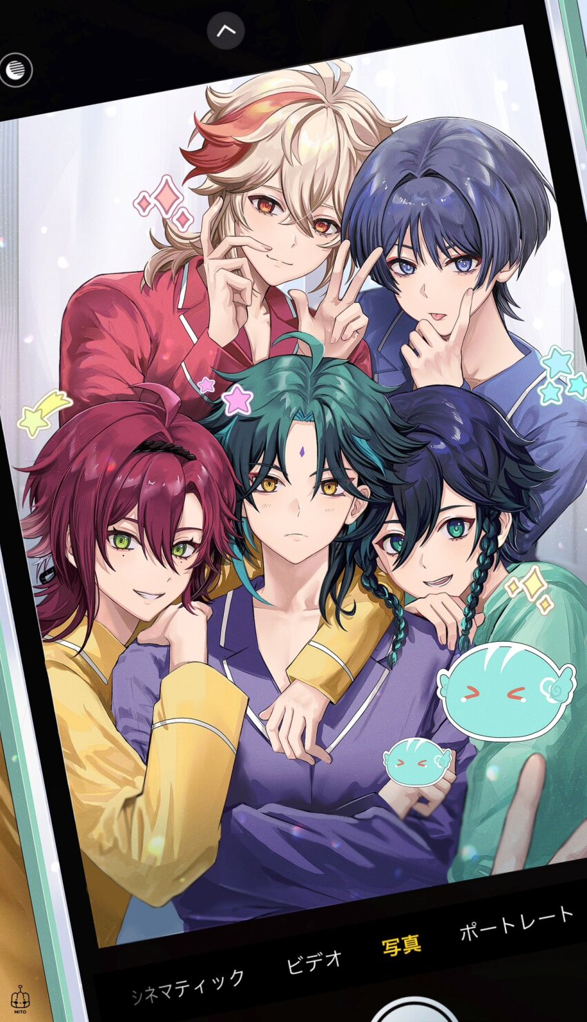 5boys akanbe aqua_hair aqua_pajamas black_hair blue_pajamas cellphone closed_mouth commentary eyelid_pull genshin_impact gradient_hair green_eyes green_hair highres kaedehara_kazuha long_hair long_sleeves male_focus mito_(jinzero) multicolored_hair multiple_boys pajamas phone purple_pajamas red_hair red_pajamas scaramouche_(genshin_impact) shikanoin_heizou slime_(genshin_impact) smartphone smile star_(symbol) streaked_hair symbol-only_commentary tongue tongue_out venti_(genshin_impact) viewfinder w wanderer_(genshin_impact) white_hair xiao_(genshin_impact) yellow_eyes yellow_pajamas