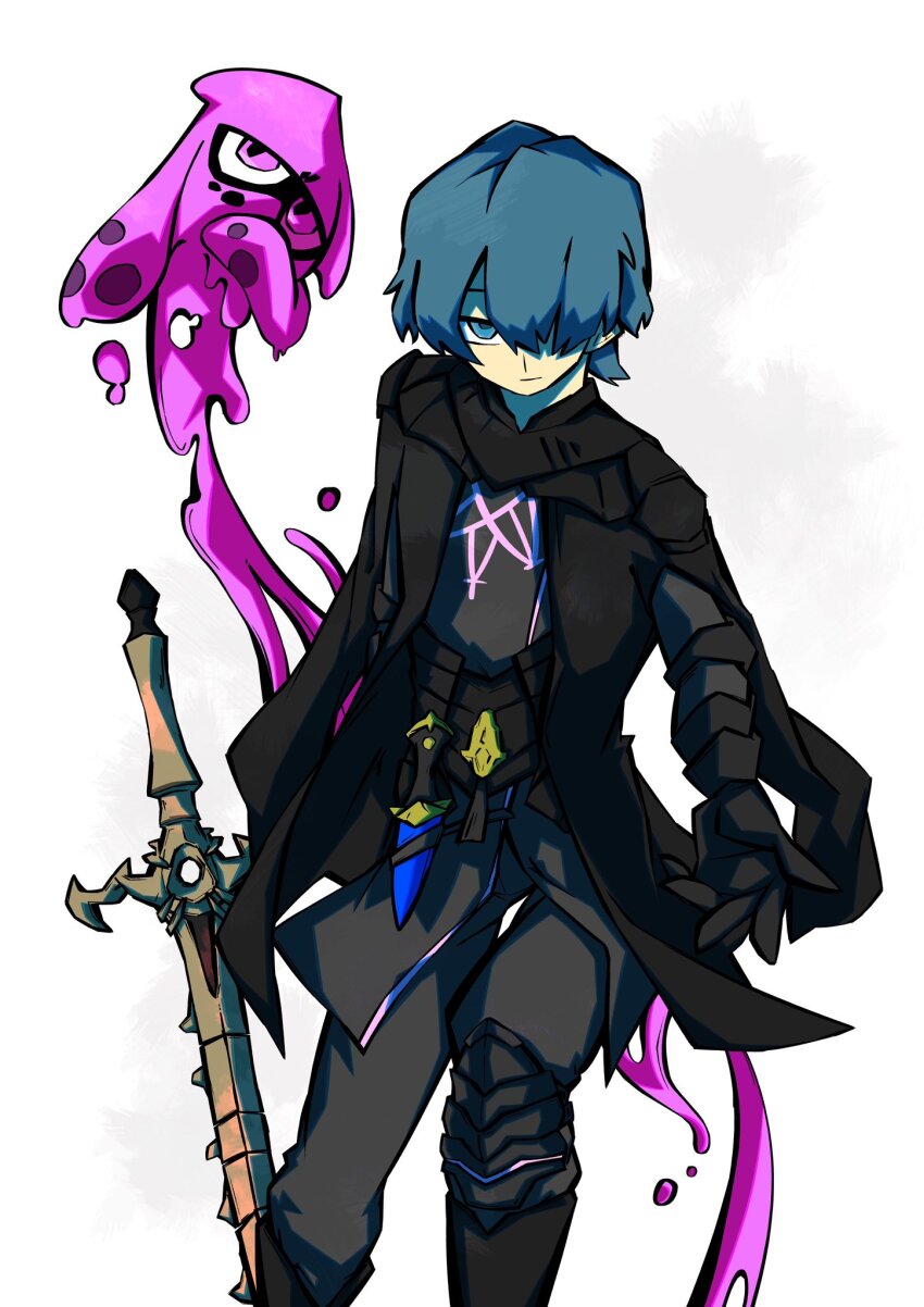 1boy aaaakunaaaa arm_out_of_sleeve armor armored_gloves black_cape black_pants black_shirt blue_eyes blue_hair boots male_byleth_(fire_emblem) cape closed_mouth commentary_request dagger feet_out_of_frame fire_emblem fire_emblem:_three_houses gorget hair_over_one_eye highres holstered inking jitome knife looking_to_the_side male_focus nintendo one_eye_covered ornate_weapon pants pink_eyes shirt sideways_glance smile splatoon_(series) super_smash_bros. sword sword_of_the_creator weapon white_background