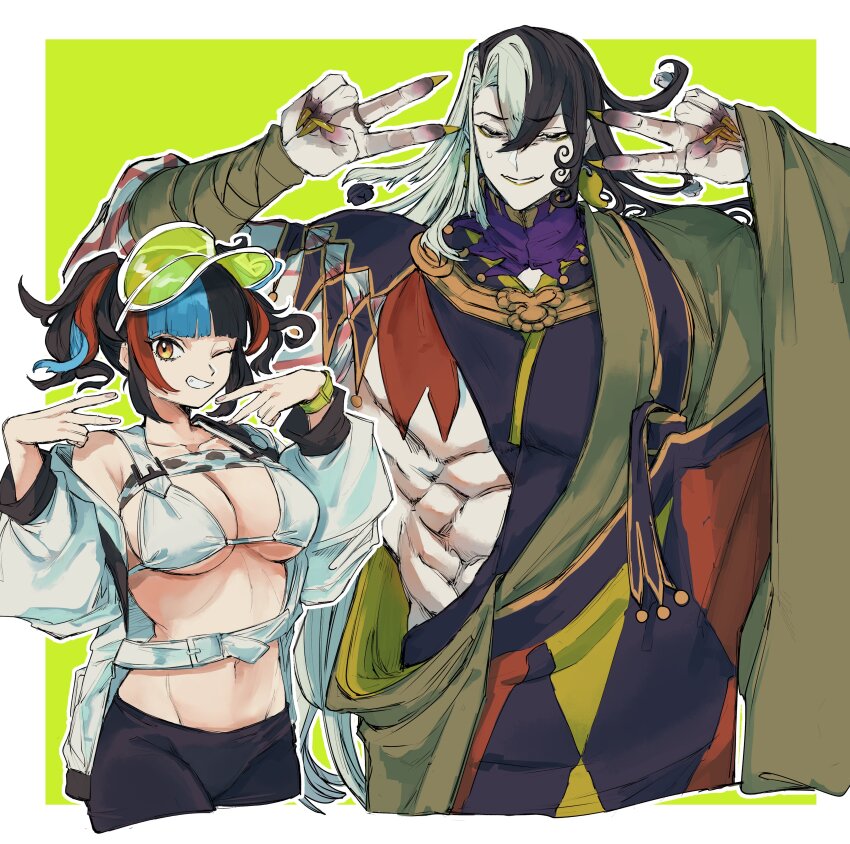 1boy 1girl absurdres ashiya_douman_(fate) bikini black_hair black_shorts blue_hair breasts clothing_cutout double_v fate/grand_order fate_(series) fingernails green_background highres jacket large_breasts long_hair multicolored_hair navel one_eye_closed ra_(nodhia5) red_hair sei_shounagon_(fate) sei_shounagon_(swimsuit_berserker)_(fate) sei_shounagon_(swimsuit_berserker)_(first_ascension)_(fate) sharp_fingernails shorts side_cutout smile swimsuit twintails v visor_cap white_bikini white_hair white_jacket yellow_eyes