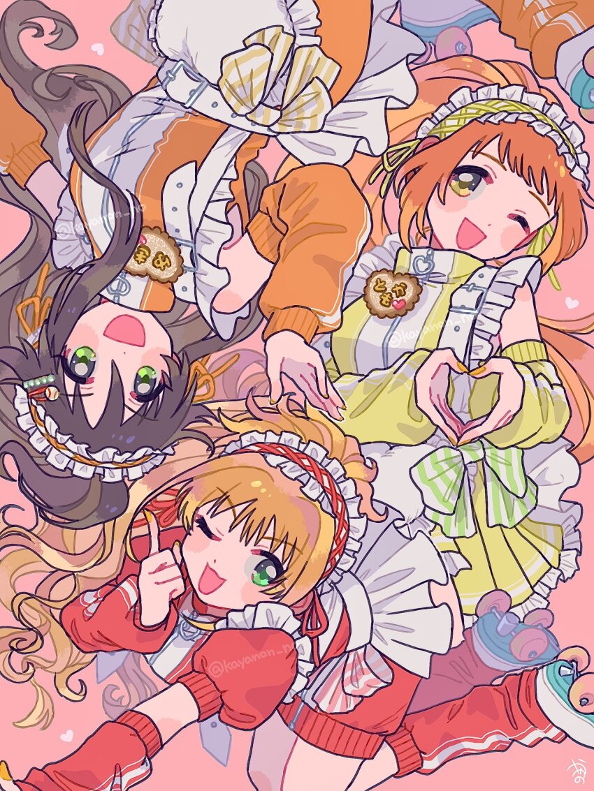 3girls :d ;d alternate_costume apron brown_hair cheerful_bombers_(idolmaster) enmaided frilled_apron frills heart heart_hands highres himekawa_yuki hino_akane_(idolmaster) idolmaster idolmaster_cinderella_girls jacket jersey_maid kayanon_no long_hair looking_at_viewer maid multiple_girls name_tag one_eye_closed open_mouth orange_arm_warmers orange_hair orange_jacket red_arm_warmers red_jacket roller_skates skates smile unconventional_maid very_long_hair wakabayashi_tomoka white_apron yellow_arm_warmers yellow_jacket