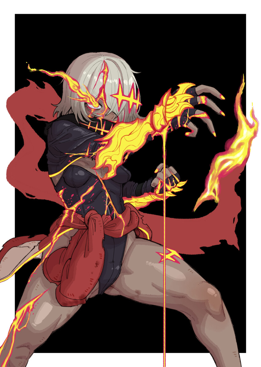 1girl absurdres arm_guards armor black_background black_leotard breasts chinese_commentary commentary_request covered_mouth dark-skinned_female dark_skin ebonyxh eye_trail fingerless_gloves fishnets flaming_armor flaming_eye freckles gloves glowing glowing_armor glowing_eye glowing_nails hair_over_one_eye highres injury leotard light_trail long_sleeves ninja_slayer original pointy_breasts ringed_eyes scarf short_hair shrug_(clothing) simple_background small_breasts solaria_(ebonyxh) white_background white_hair yellow_blood yellow_eyes yellow_nails