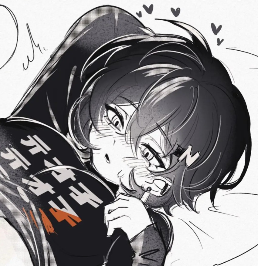 1girl :o arm_up bed bed_sheet belle_(zenless_zone_zero) blush breasts clothes_lift commentary covered_erect_nipples cropped crossed_bangs felichiii greyscale hair_between_eyes medium_breasts monochrome on_bed pillow spot_color twitching zenless_zone_zero