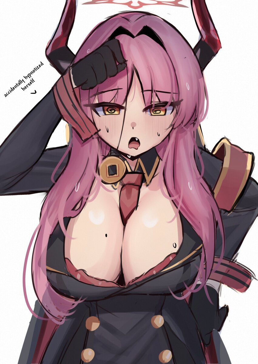 1girl @_@ absurdres armband between_breasts black_gloves black_jacket blue_archive bra bra_peek breasts buttons center_opening cleavage coin coin_on_string detached_collar double-breasted english_text fang gloves hair_intakes halo hand_on_own_hip hand_up highres holding holding_pendulum holed_coin horns hypnosis iog626 jacket large_breasts leaning_forward long_hair long_sleeves looking_at_viewer low_neckline mind_control mole mole_on_breast multicolored_horns necktie necktie_between_breasts open_mouth parted_bangs pendulum pink_hair red_armband red_bra red_halo red_horns red_necktie red_sleeve_cuffs red_wrist_cuffs satsuki_(blue_archive) self_hypnosis simple_background solo sweat two-tone_horns underwear white_background wrist_cuffs