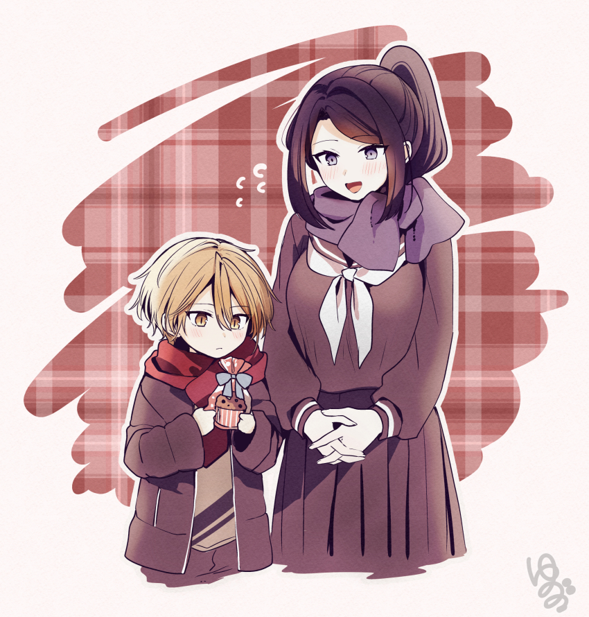 1boy 1girl asuma_mitsuya_(yunamaro) black_hair black_jacket black_sailor_collar black_skirt blonde_hair blush closed_mouth flying_sweatdrops food height_difference highres interlocked_fingers jacket long_hair muffin neckerchief open_clothes open_jacket open_mouth original plaid_background red_scarf sailor_collar scarf school_uniform short_hair skirt white_neckerchief yaotome_tsuyako_(yunamaro) yellow_eyes yunamaro