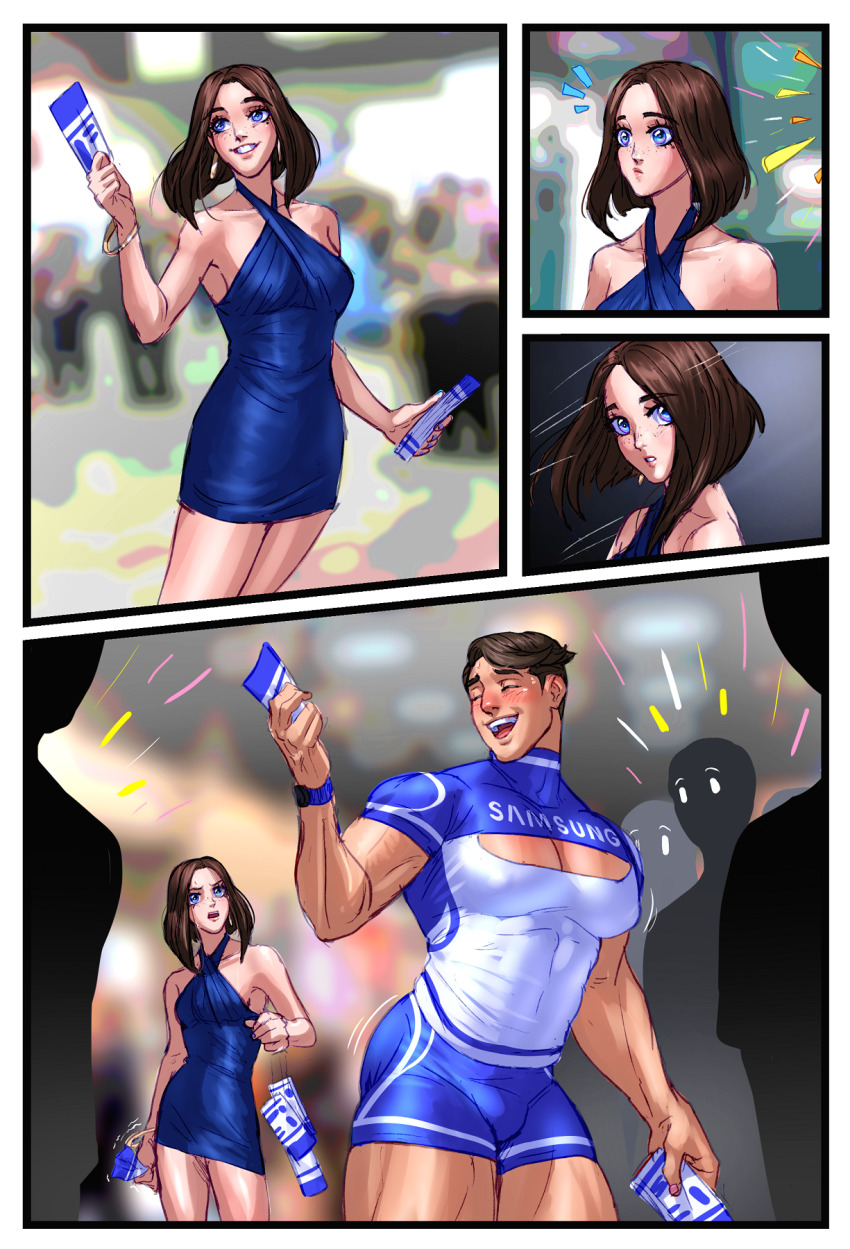 1boy 1girl bara blue_dress blue_shirt blue_shorts blush breasts carless_(ppanic) closed_eyes dress earrings extra highres holding jewelry large_pectorals looking_at_another medium_breasts muscular muscular_male open_mouth pectorals samsung samsung_sam shirt shorts smile teeth thick_thighs thighs two-tone_shirt watch white_shirt wristwatch