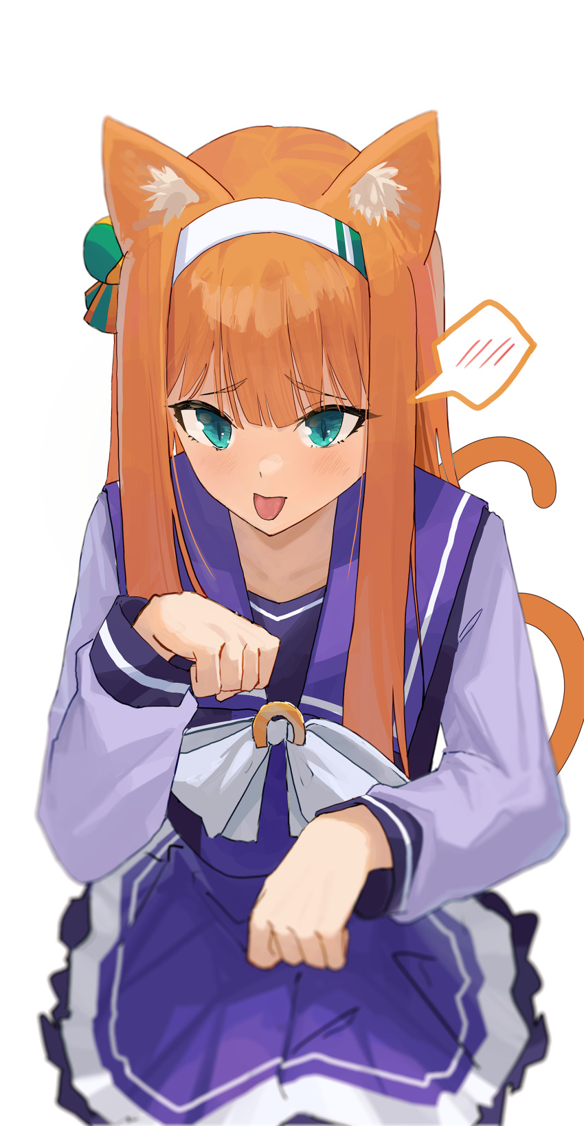 1girl absurdres alternate_animal_ears animal_ear_fluff animal_ears blush bow bowtie cat_day cat_ears cat_girl cat_tail closed_mouth commentary_request dated_commentary ear_ornament green_eyes hair_ornament hairband highres long_hair long_sleeves looking_at_viewer ningen_gokko open_mouth orange_hair orange_tail paw_pose petticoat purple_serafuku purple_shirt purple_skirt raised_eyebrows sailor_collar school_uniform serafuku shirt silence_suzuka_(umamusume) simple_background skirt solo spoken_blush tail tongue tongue_out tracen_school_uniform umamusume upper_body white_background white_hairband winter_uniform