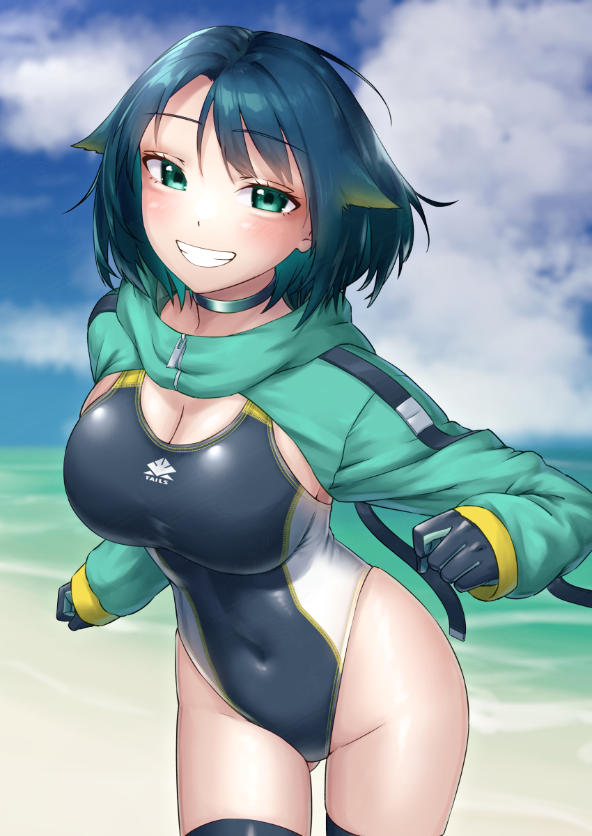 1girl absurdres awono_nanaumi beach black_choker black_gloves black_hair black_one-piece_swimsuit black_thighhighs blue_sky breasts choker cleavage cloud competition_swimsuit covered_navel day fukami_nana_(awono_nanaumi) gloves green_eyes green_shrug grin hair_flaps highleg highleg_one-piece_swimsuit highres horizon large_breasts looking_at_viewer ocean one-piece_swimsuit original outdoors running short_hair shrug_(clothing) sky smile solo swimsuit thighhighs two-tone_swimsuit