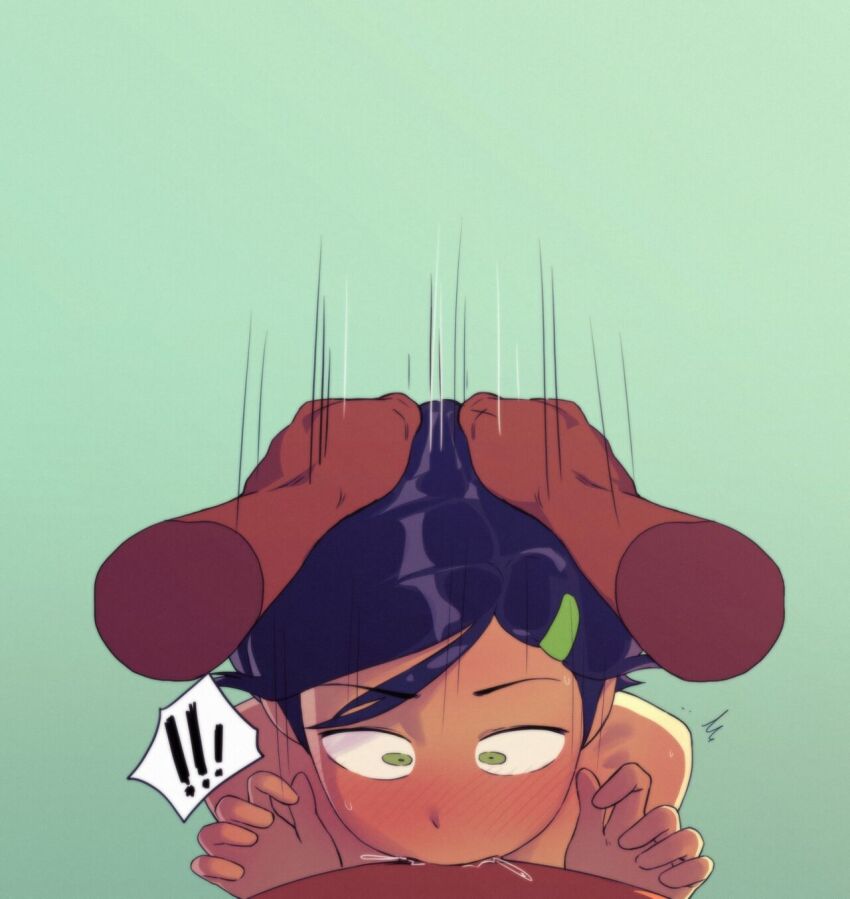 1boy 1girl ? amphibia black_hair blush constricted_pupils dark-skinned_male dark_skin deepthroat disembodied_hand facing_viewer fellatio green_eyes hair_ornament hand_on_another&#039;s_head hands_on_another&#039;s_head head_grab hetero highres interracial irrumatio kassitta large_penis marcy_wu motion_lines nude oral penis pov pov_crotch pov_hands short_hair simple_background solo_focus surprised tears uncensored unseen_male upper_body very_short_hair