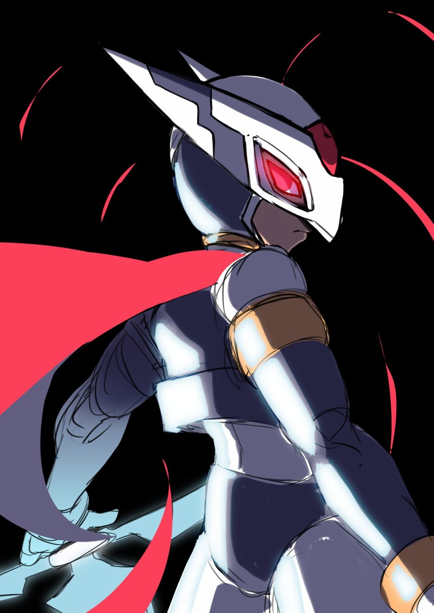 1boy armor black_background cowboy_shot forehead_jewel from_behind glowing glowing_eyes helmet hidden_phantom_(mega_man) highres lautricius looking_back mask mega_man_(series) mega_man_zero_(series) ninja purple_armor red_eyes red_scarf scarf shuriken simple_background sketch solo weapon