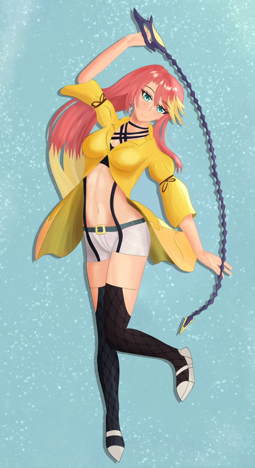 1girl absurdres blue_eyes breasts commentary eiyuu_densetsu english_commentary fishnet_thighhighs fishnets full_body hair_between_eyes highres holding holding_weapon holding_whip judith_lanster kuro_no_kiseki_(series) large_breasts looking_at_viewer mary_janes multicolored_hair navel open_clothes open_shirt parted_bangs pink_hair ponytail shoes sidelocks simple_background smile solo streaked_hair syndagate thighhighs two-tone_hair weapon whip