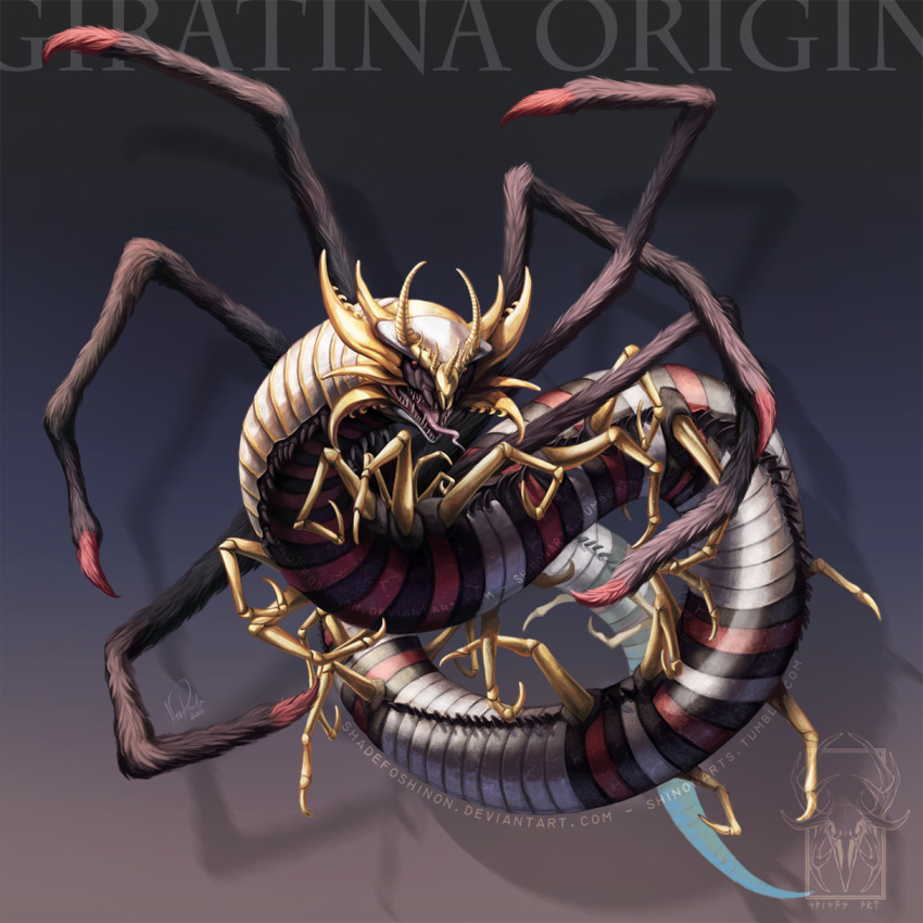 animal_focus artist_logo artist_name bug centipede character_name commentary conical_teeth creatures_(company) deviantart_username english_commentary full_body game_freak gen_4_pokemon giratina giratina_(origin) highres legendary_pokemon logo looking_at_viewer nintendo no_humans open_mouth pokemon pokemon_(creature) realified red_eyes shadeofshinon simple_background solo tumblr_username