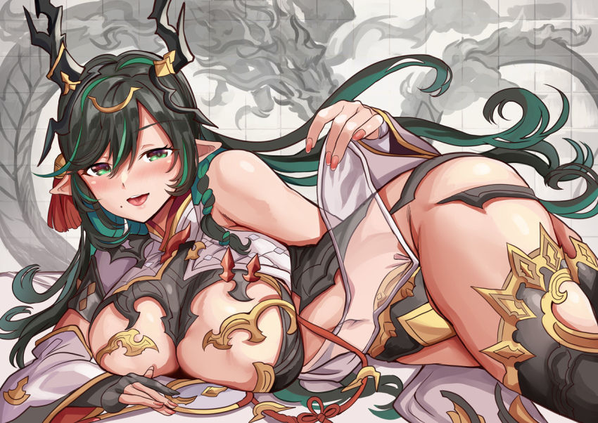 1girl black_hair black_thighhighs breast_cutout breasts cleavage cleavage_cutout clothing_cutout colored_inner_hair detached_sleeves dragon dragon_girl dragon_horns draph dress eastern_dragon gradient_hair granblue_fantasy green_eyes green_hair hair_ornament hand_fan himuro_shunsuke horns large_breasts leotard long_hair looking_at_viewer lying mole mole_under_mouth multicolored_eyes multicolored_hair navel navel_cutout on_side payila_(granblue_fantasy) pointy_ears red_eyes see-through_clothes see-through_dress solo stomach_cutout tassel tassel_hair_ornament thighhighs tuanshan two-tone_eyes two-tone_hair very_long_hair